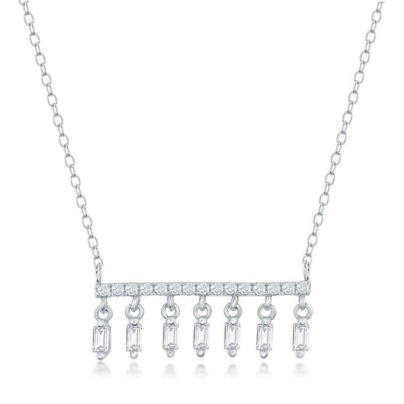 Sterling Silver Bar and Baguette CZ Dangle Necklace - Click Image to Close